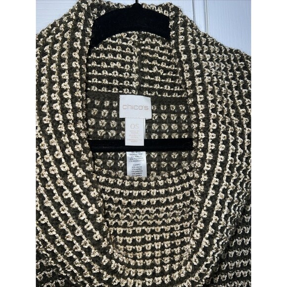 Chico’s Green Gold Shawl One Size OS Net Pullover Crochet Knit Shimmer Faux Fur - Picture 5 of 16